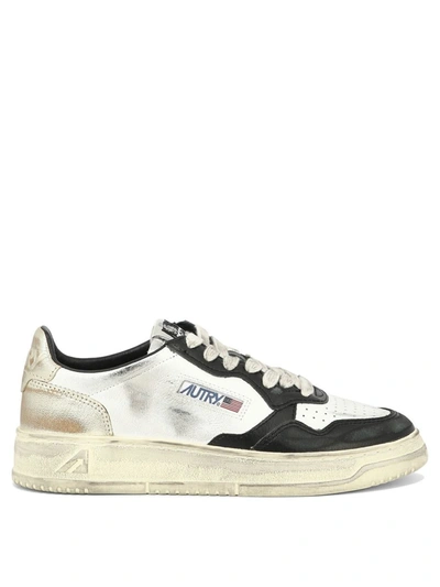 Autry Super Vintage Medalist Low Trainers In White, Silver And Black Leather