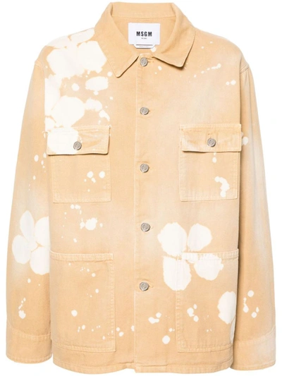 Msgm Tie-dye Cotton Shirt Jacket In Beige