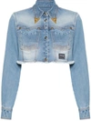 Versace Jeans Couture Cropped Metallic Paint Denim Jacket In Blue