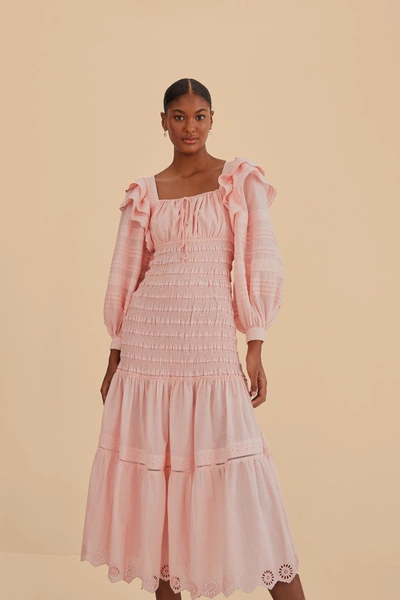 Farm Rio Light Pink Long Sleeve Smocked Midi Dress