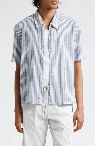 Thom Browne University Stripe Tweed Short-sleeved Shirt In Blue