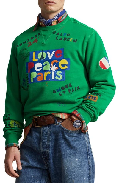 Polo Ralph Lauren Men's 'love, Peace' Fleece Crewneck Sweatshirt In Cruise Green