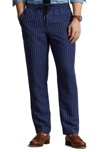 Polo Ralph Lauren Prepster Slim-fit Striped Linen, Lyocell And Cotton-blend Drawstring Trousers In Blue