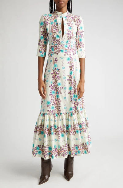 Etro Vine Floral 3/4-sleeve Cotton Midi Dress In Print Floral White