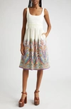 Etro Floral Embroidered Midi Dress With Square Neckline In Print On White Base