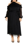 CITY CHIC NIKITA ROSETTE TIE WAIST COLD SHOULDER LONG SLEEVE CHIFFON MIDI DRESS