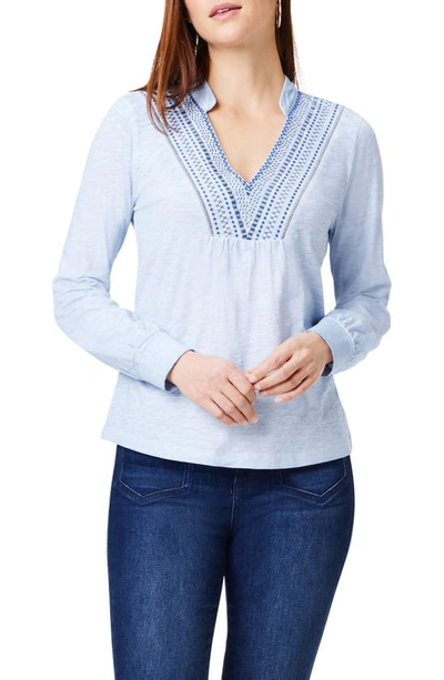 Nic + Zoe Blueline Embroidered Cotton Peasant Top In Blue Multi