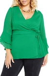 CITY CHIC CHARLIE TRUMPET SLEEVE FAUX WRAP TOP