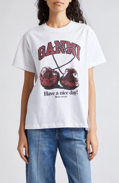 Ganni Cherry Cotton T-shirt In Bright White