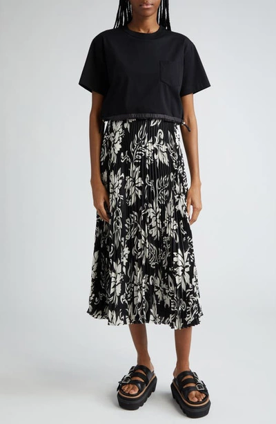 Sacai Cotton-jersey And Pleated Floral-print Satin Midi Dress In Black