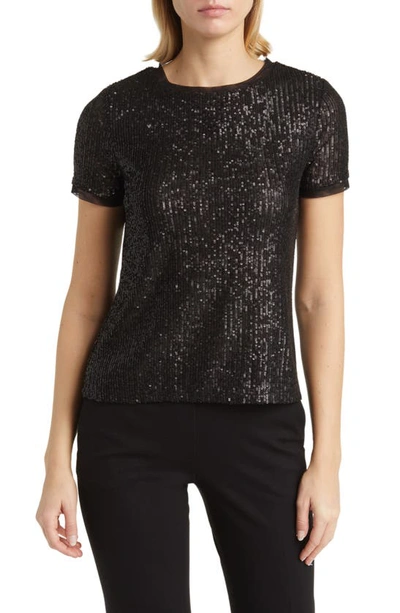 Anne Klein Short Sleeve Top Silver Metallic Pattern Crew Neck Tops In Black