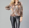 LOLA AND SOPHIE T6060 - PRINTED PEASANT TOP WITH LEATHER TRIM IN BROWN