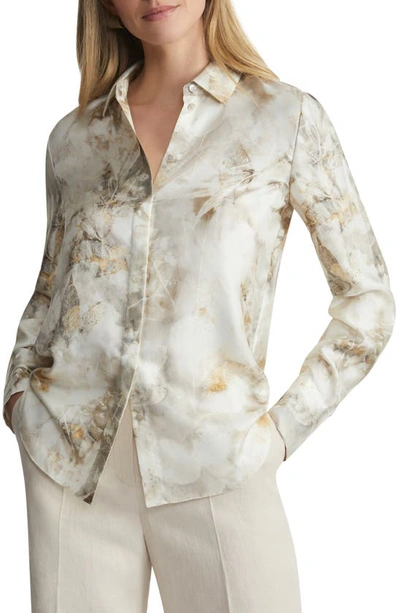 Lafayette 148 Eco Leaves Print Silk Twill Buttoned Blouse In Beige