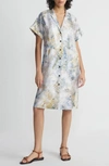 Lafayette 148 Eco Fern Print Silk Twill Tunic Button Dress In Bluestone Multi