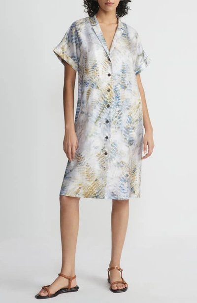 Lafayette 148 Eco Fern Print Silk Twill Tunic Button Dress In Bluestone