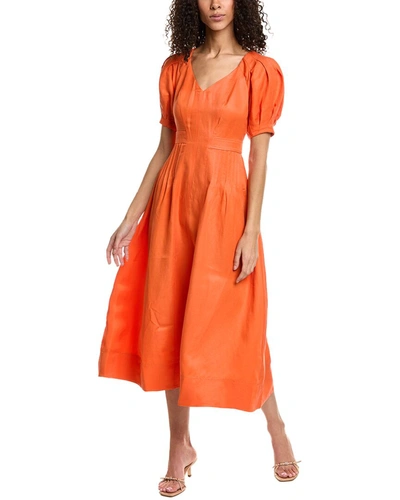 TED BAKER FIT & FLARE PUFF SLEEVE LINEN-BLEND MIDI DRESS