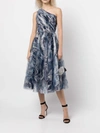 MARCHESA ONE-SHOULDER TULLE TEA-LENGTH GOWN IN NAVY