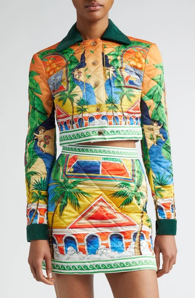 CASABLANCA QUILTED TRIOMPHE D'ORANGE PRINT CROP JACKET