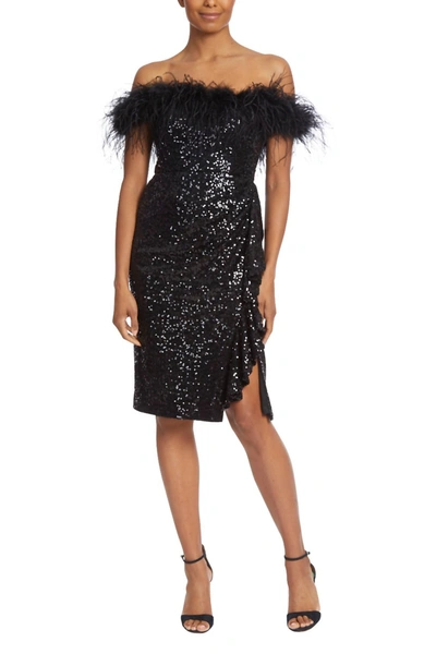 Badgley Mischka Off-the-shoulder Feather-embellished Sequined Tulle Dress In Black