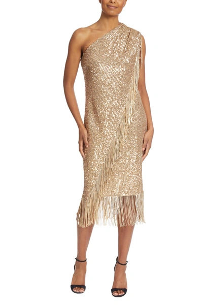 Badgley Mischka One-shoulder Wrap-effect Sequined Mesh Midi Dress In Gold