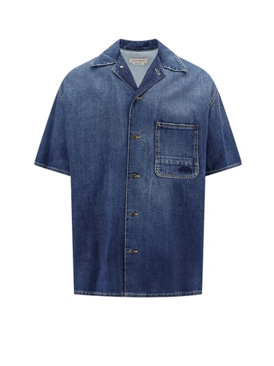 Alexander Mcqueen Hawaiian Denim Shirt In Washed Blue
