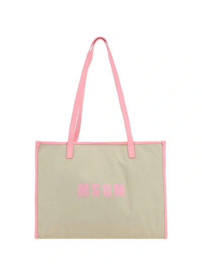 Msgm Medium Logo-print Tote Bag In Beige