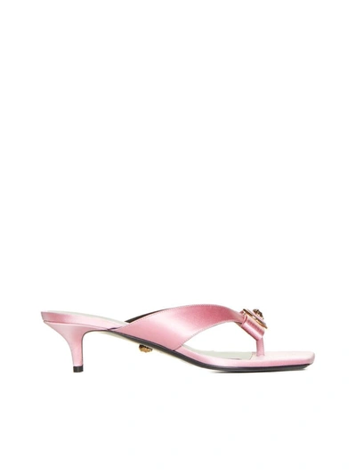 Versace Women's Slip On Embellished Mid Heel Sandals In Pink
