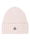 Moncler Light Pink Ribbed Wool Beanie With Logo In Pink