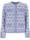 Tory Burch Double T-monogram Knit Cardigan In Hydrangea Blue / White