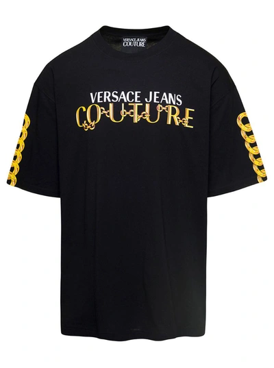 Versace Jeans Couture Chain-link Cotton T-shirt In Black+gold