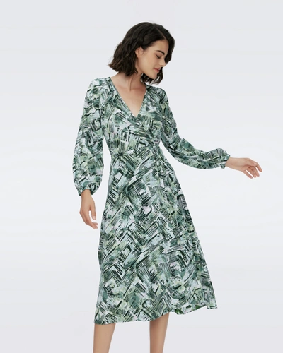 Diane Von Furstenberg Leo Reversible Long Sleeve Wrap Dress In Bamboo Green And Pollen Green