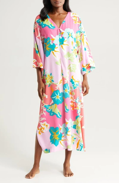 Natori Printed Caftan Nightgown In Pink/green