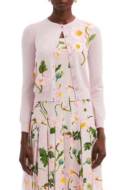 Oscar De La Renta Wool Floral Applique Cardigan In Pinksoft Pink