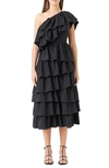 ENDLESS ROSE RUFFLE ONE-SHOULDER TIERED RUFFLE MIDI DRESS