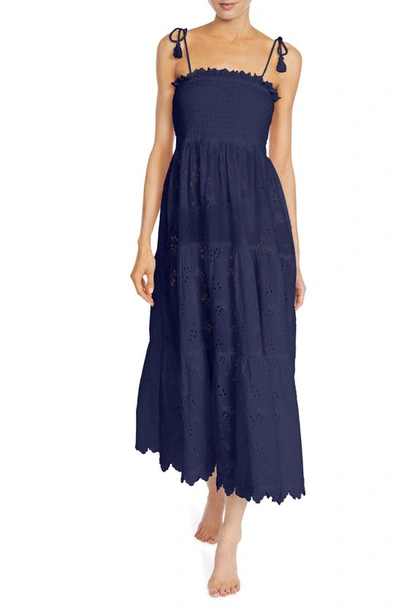 Robin Piccone Daisy Flounce Cotton Eyelet Cover-up Dress In Navy