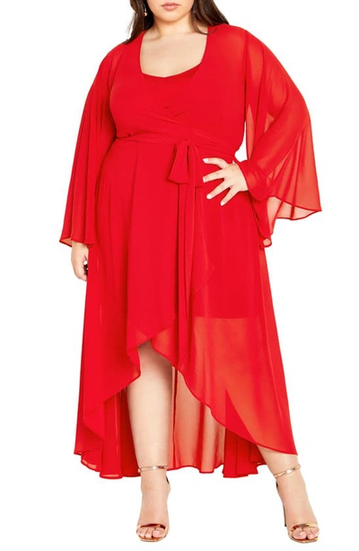 City Chic Fleetwood Long Sleeve Chiffon Wrap Dress In Red