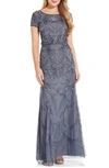 Adrianna Papell Beaded Short Sleeve Blouson Gown In Dusty Blue