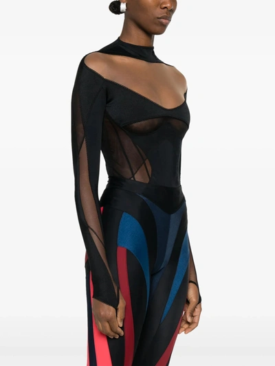 Mugler Panelled-mesh Jersey Bodysuit In Black