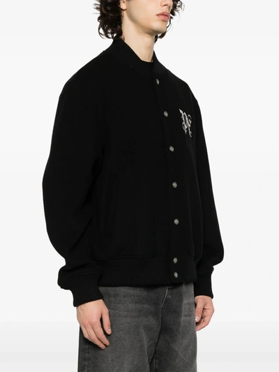 Palm Angels Monogram Wool Blend Varsity Jacket In 1003 Black Off White