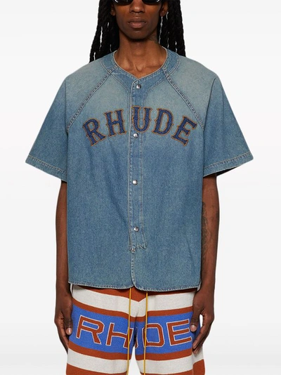 Rhude Men Baseball Denim Shirt In 1305 Dark Indig