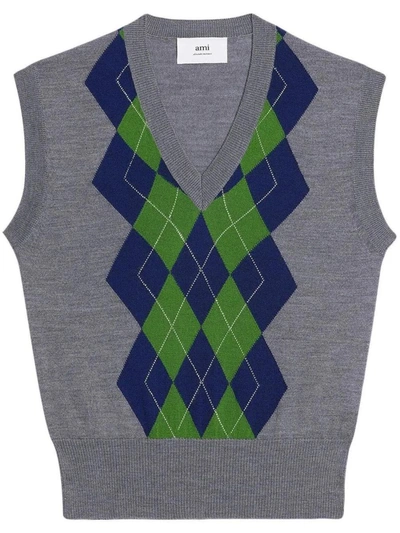 Ami Alexandre Mattiussi Argyle-pattern Knitted Vest In Grey/blue/green