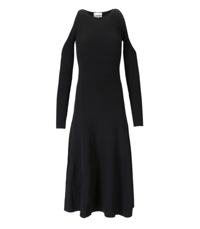 Ganni Cutout-shoulder Knitted Midi Dress In Black