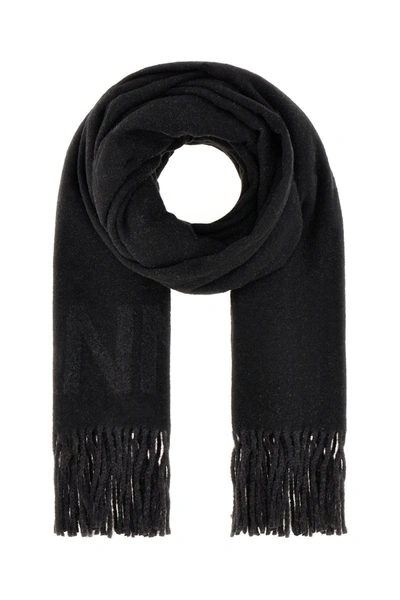 Ganni Fringed Wool Scarf In Black