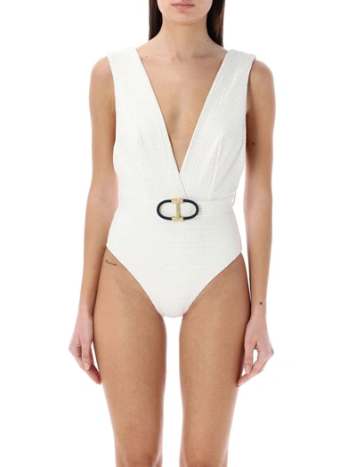 Zimmermann Alight Texture Plunge One-piece Swimsuit In White
