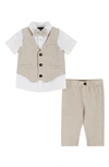 Andy & Evan Short Sleeve Button-up Shirt, Vest, Pants & Bow Tie Set In Beige
