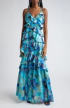 Ramy Brook Harlen Ruffle Tiered Metallic Jacquard Gown In Spring Navy Flora