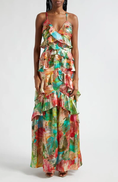 RAMY BROOK HARLEN METALLIC FLORAL RUFFLE GOWN