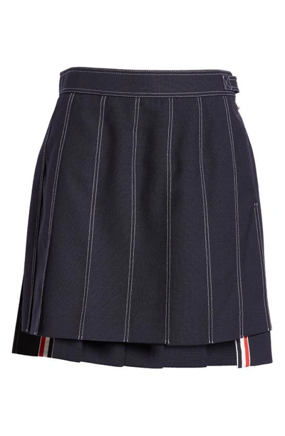Thom Browne Navy Blue Wool Pleated Mini Skirt