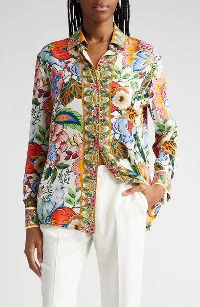 Etro Tree Of Life Long-sleeve Floral Silk Shirt In Multicolor