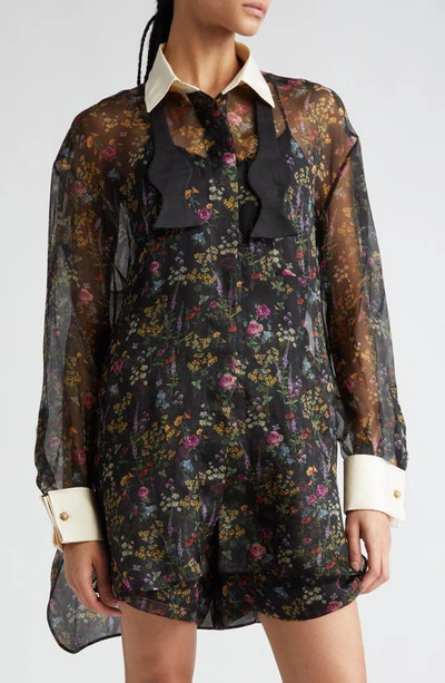 Max Mara Marocco Floral-print Chiffon Collared Tunic Shirt In Black